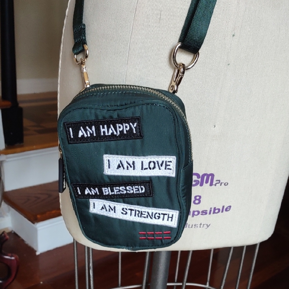 Green Crossbody Bag with Inspirational Patches